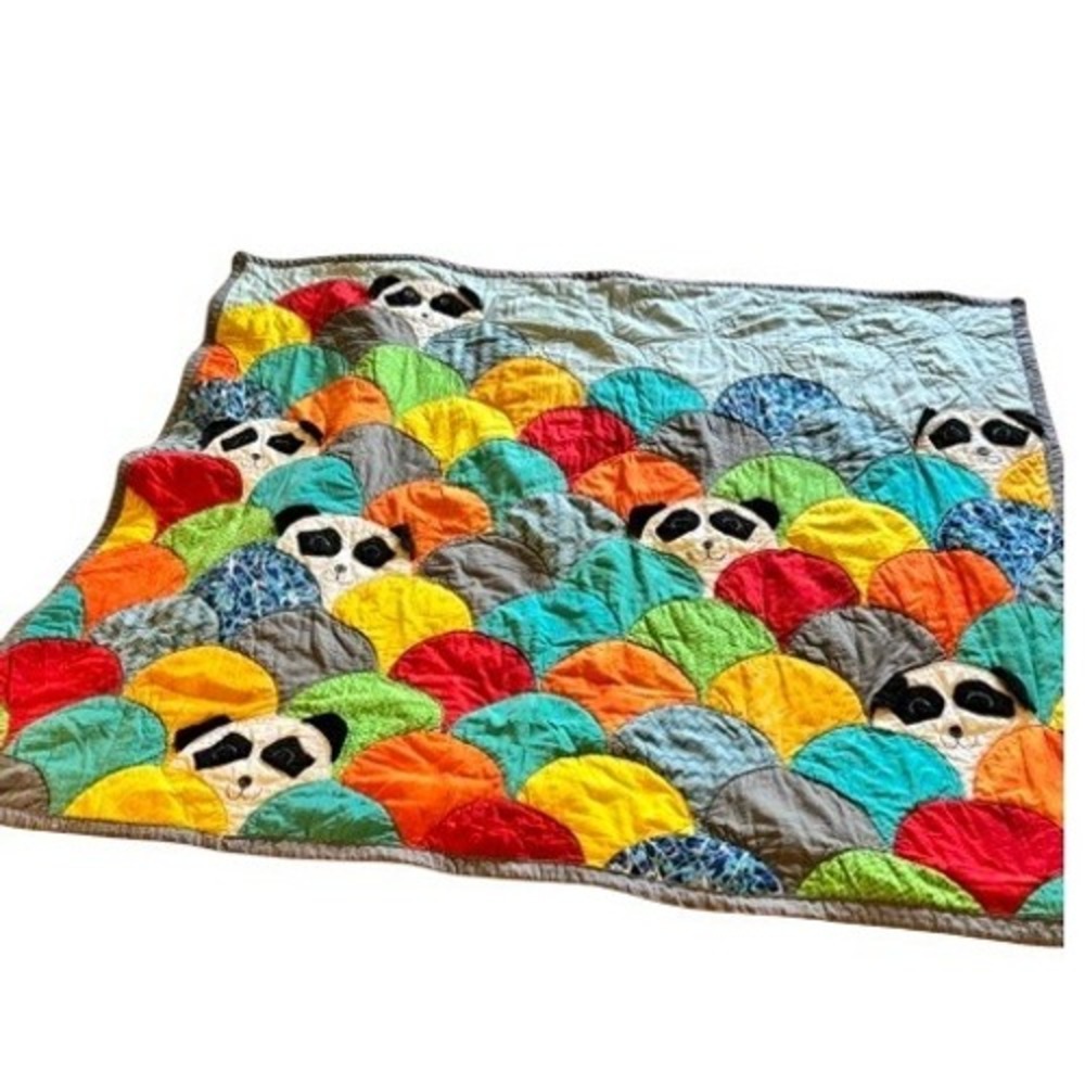 Handmade Panda Bear Scalloped Quilted Baby Blanket Rainbow Patchwork 39.5 x 34